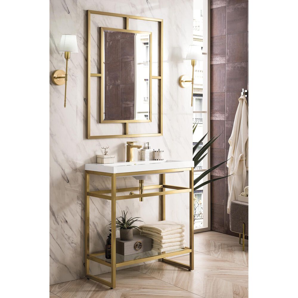 James Martin Vanities Boston 31.5&quot; Single Bathroom Vanity in Radiant Gold with 3 cm White Glossy Resin Countertop and Rectangular Sink, , large