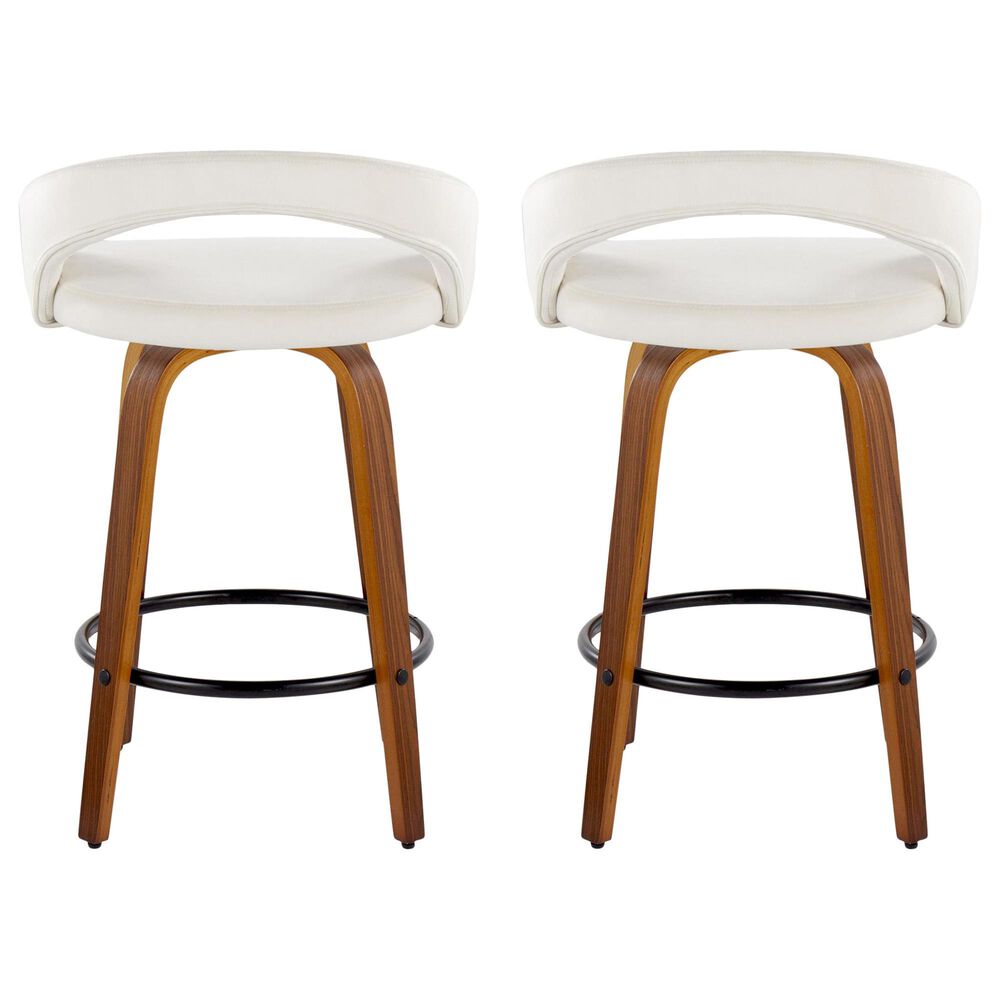 LumiSource Grotto Swivel Counter Stool with White Velvet Upholstery in Walnut Wood and Black (Set of 2), , large