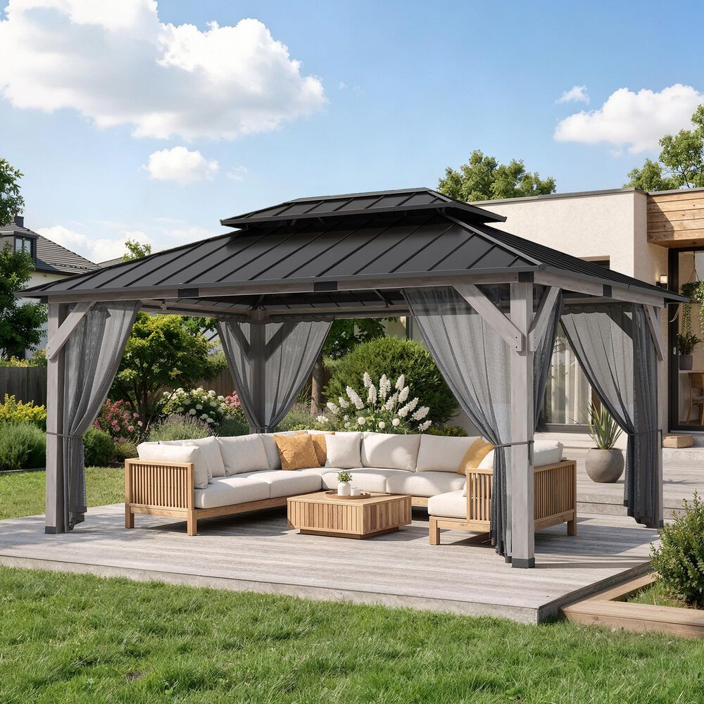 HOMLUX 12' x 16' Patio Hardtop Gazebo with Wood Posts in Light Gray, , large