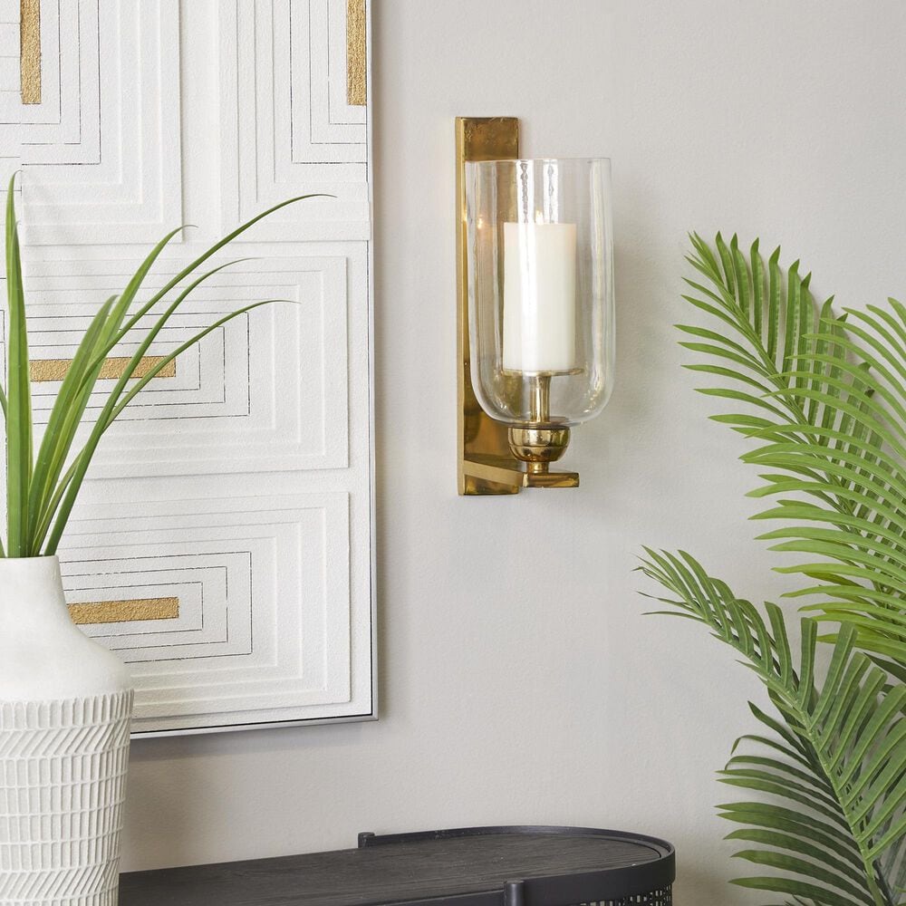 Maple and Jade 16&quot; Single Indoor/Outdoor Wall Mount Candle Holder in Polished Gold and Clear, , large