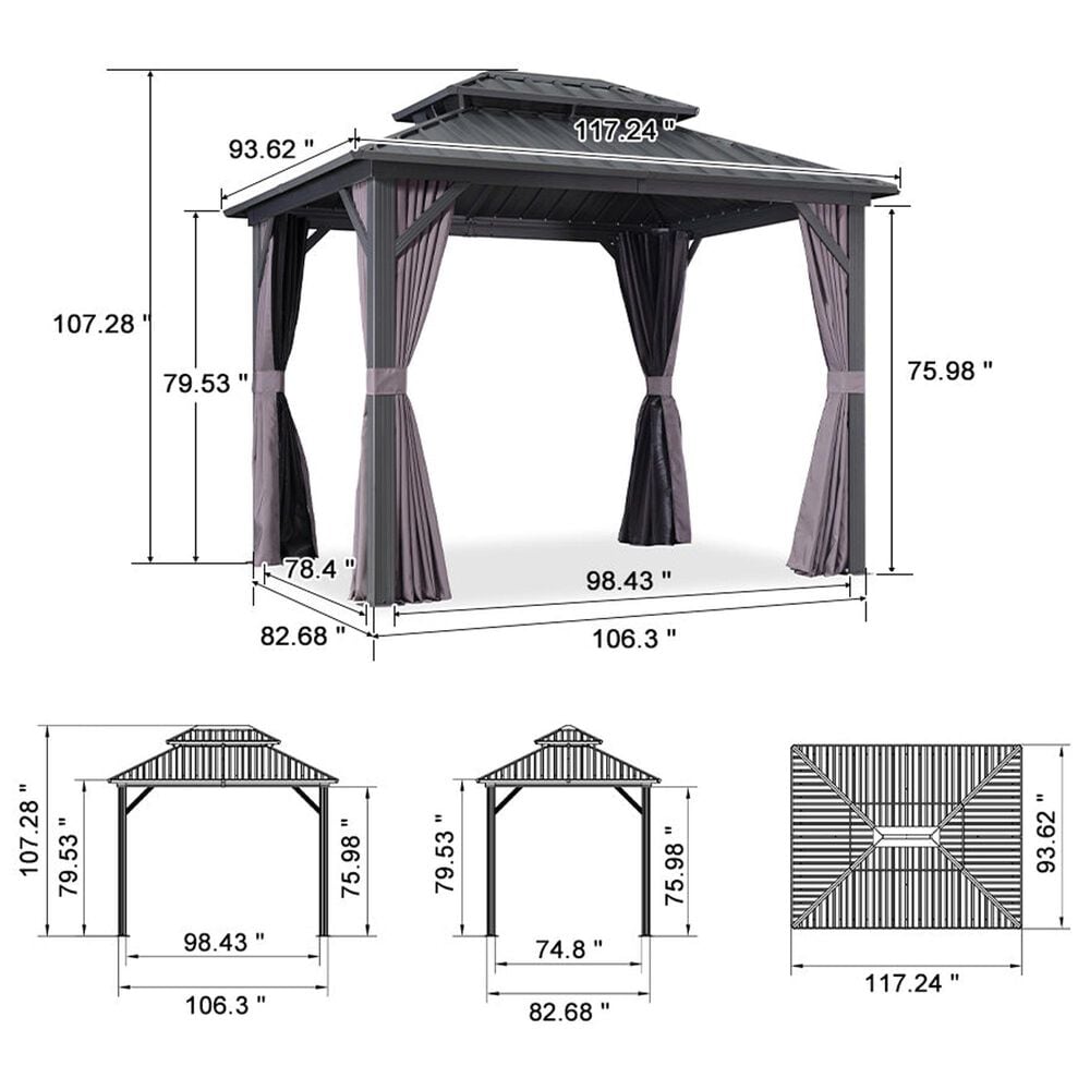 HOMLUX 8' x 10' Outdoor Hardtop Gazebo with Galvanized Steel Roof, Netting, and Curtains Gray, , large