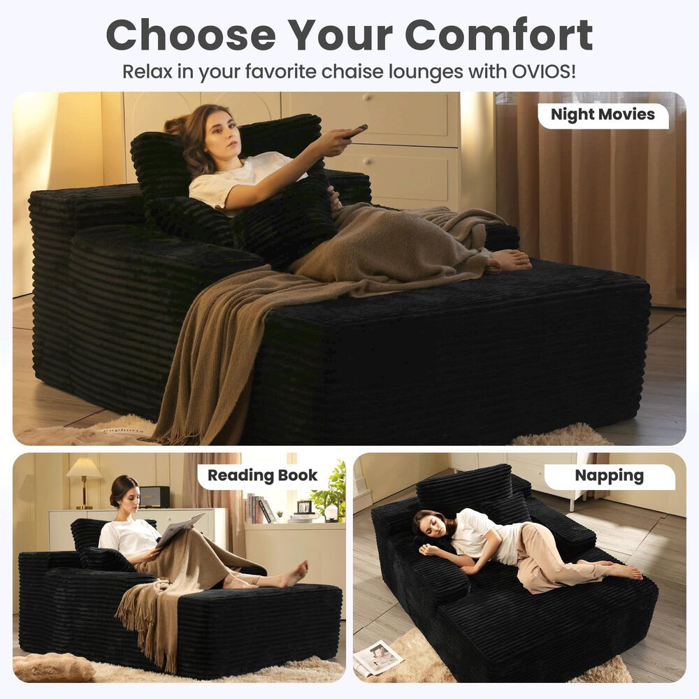 HOMLUX Cloud Faux Fur Chaise Lounge with Plush Pillows in Black, , large