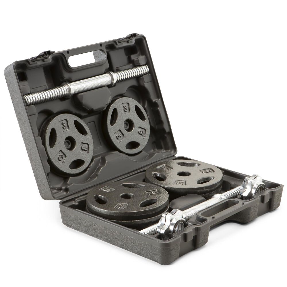 Impex, Inc Case Iron Dumbbell Set with Case: &#40;4&#41; 5lb plates, &#40;4&#41; 3lb plates, &#40;2&#41; 14&quot; handles, &#40;4&#41; Spin Lock Collars, , large