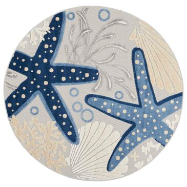 Nourison Aloha 4" Round Cool Grey, Blue, White and Ivory Indoor/Outdoor Area Rug, , large