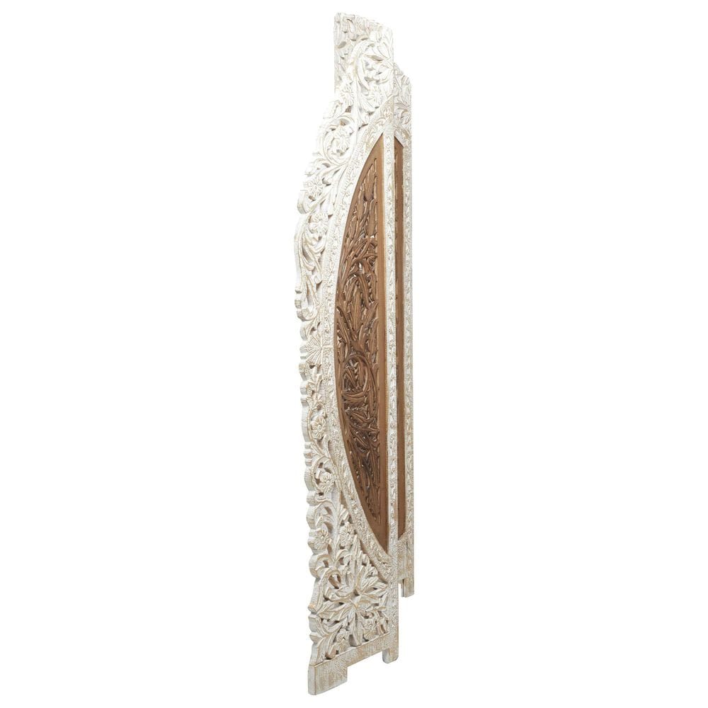 Maple and Jade 4-Panel Partition Room Divider Screen with Carved Designs in Brown and White, , large