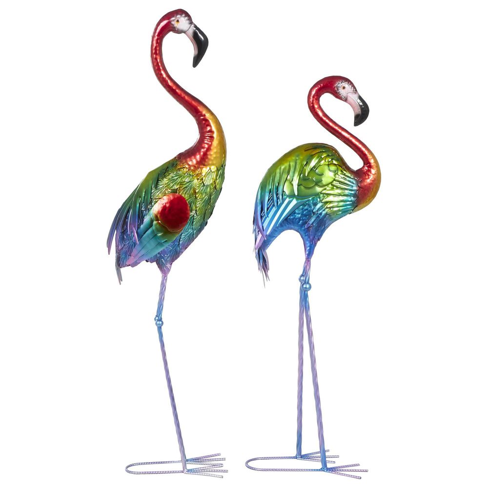 Maple and Jade 2-Piece Tall Textured Rainbow Flamingo Decorative Garden Sculpture Set in Multicolor, , large