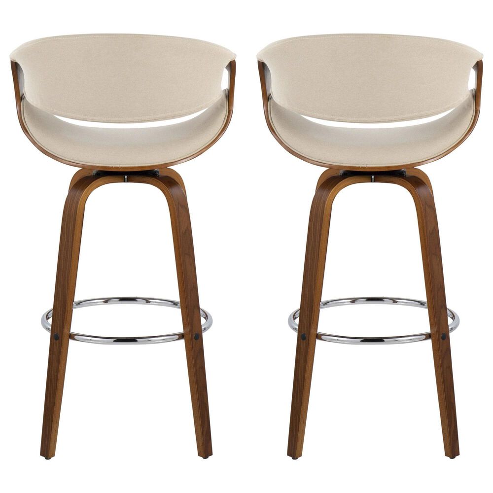 LumiSource Curvini 30" Swivel Barstool with Cream Upholstery in Walnut and Chrome (Set of 2), , large