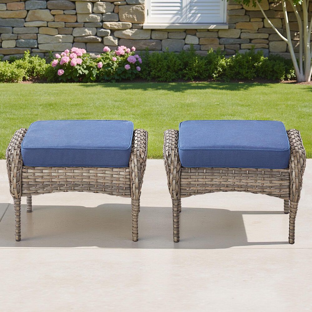 Hearth and Haven Patio Wicker Ottoman with Gray Rattan in Blue (Set of 2), , large