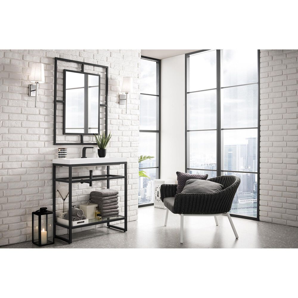 James Martin Vanities Boston 31.5&quot; Single Bathroom Vanity in Matte Black with 3 cm White Glossy Resin Countertop and Rectangular Sink, , large