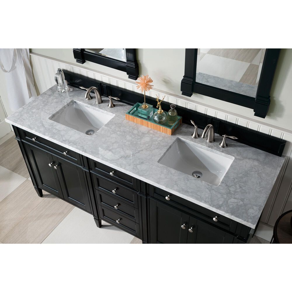 James Martin Vanities Brittany 72&quot; Double Bathroom Vanity in Black Onyx with 3 cm Carrara White Marble Top and Rectangle Sinks, , large