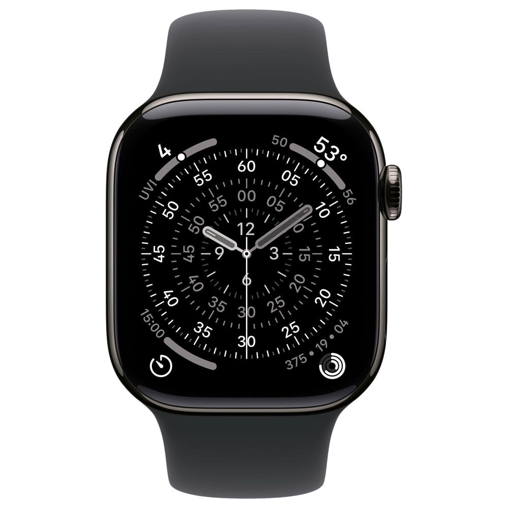 Apple Watch Series 11 (GPS+Cellular) 42mm Titanium Case with Black Sport Band - M/L in Slate and 2-Year AppleCare+, , large