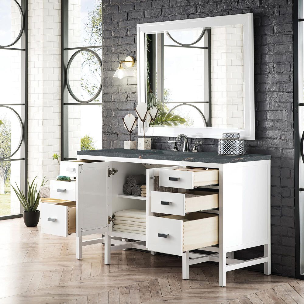 James Martin Vanities Addison 60&quot; Single Bathroom Vanity in Glossy White with 3 cm Parisien Bleu Quartz Top and Rectangular Sink, , large