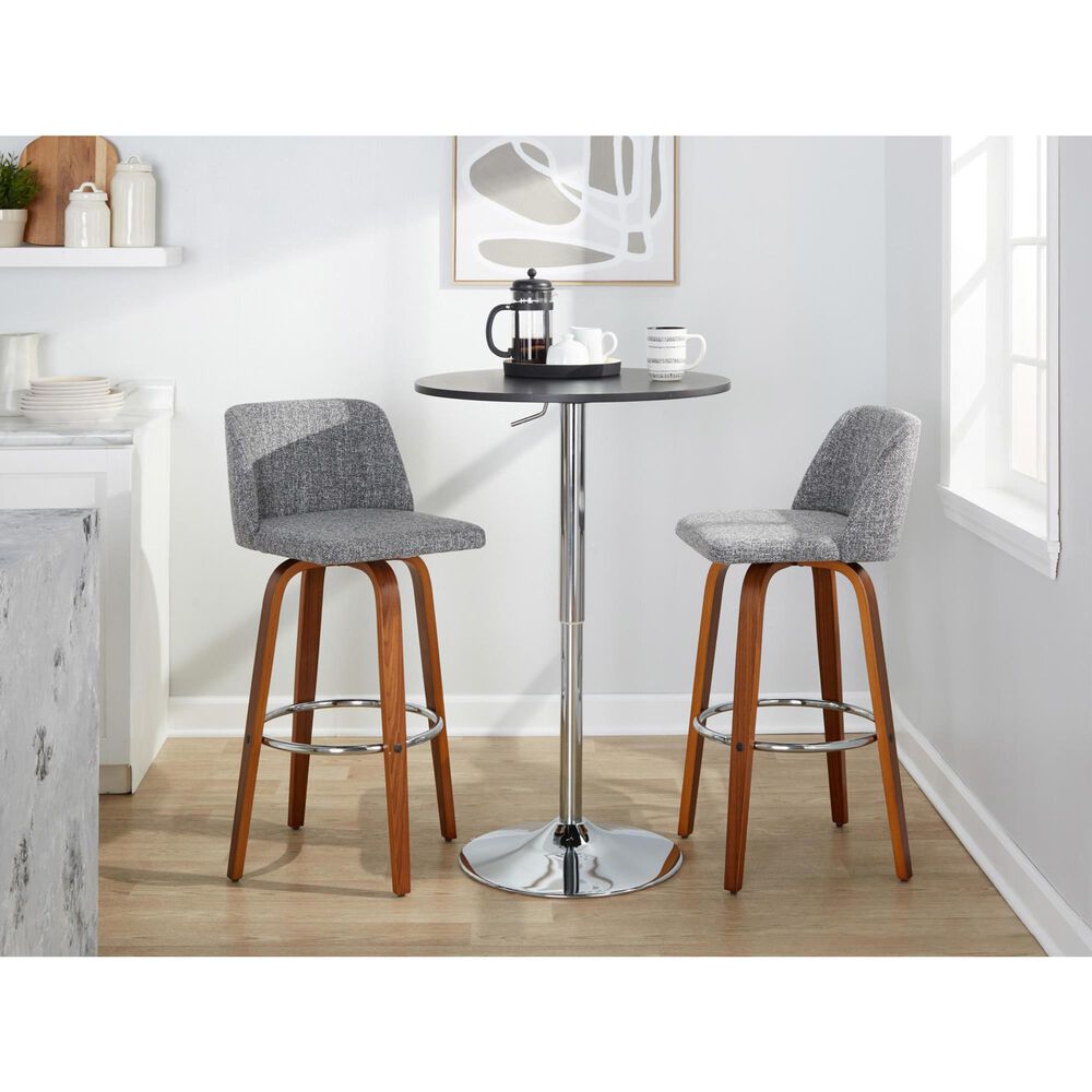LumiSource Toriano Swivel Bar Stool with Grey Fabric Upholstery in Walnut and Chrome (Set of 2), , large