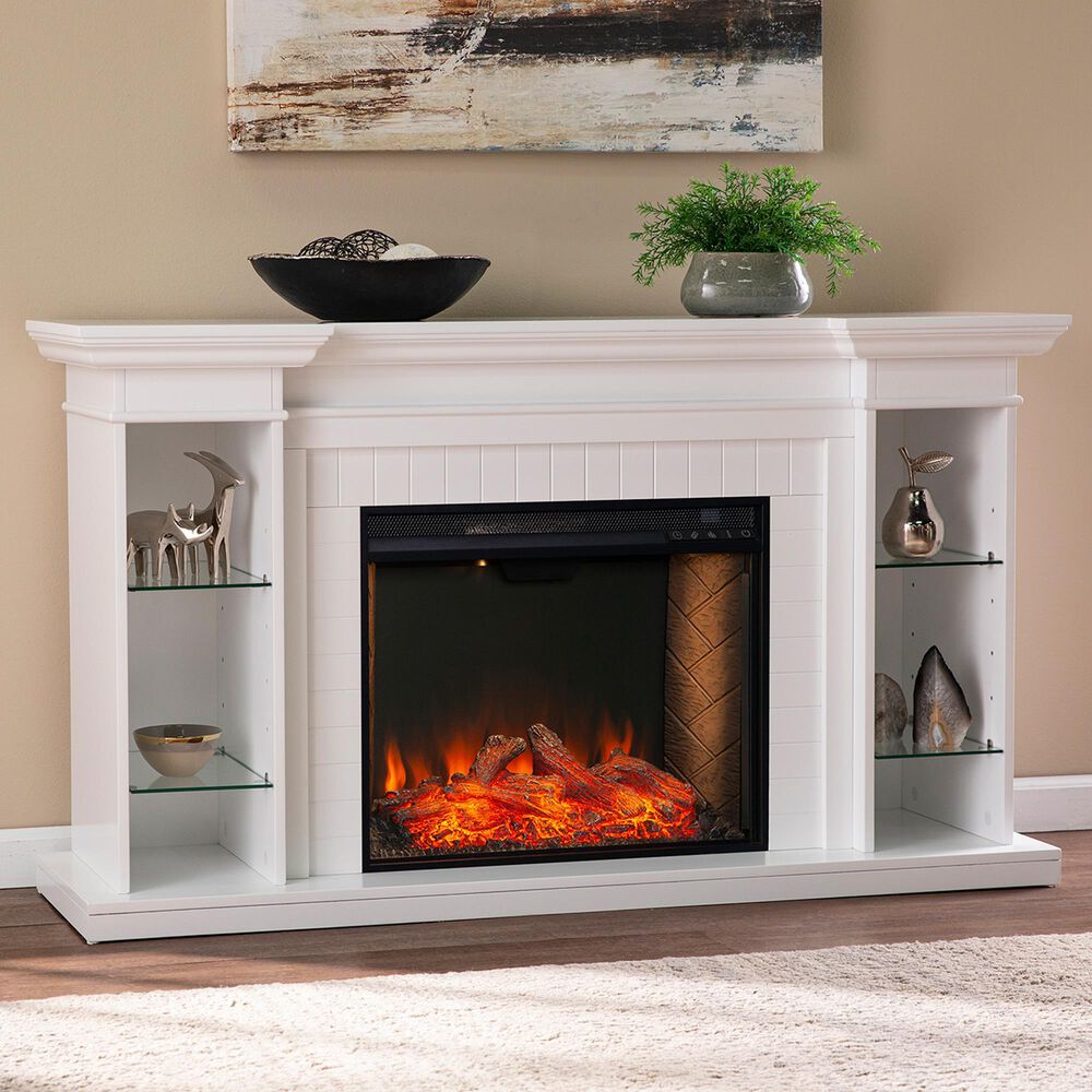Southern Enterprises Henstinger Alexa Smart Fireplace with Bookcase in White, , large