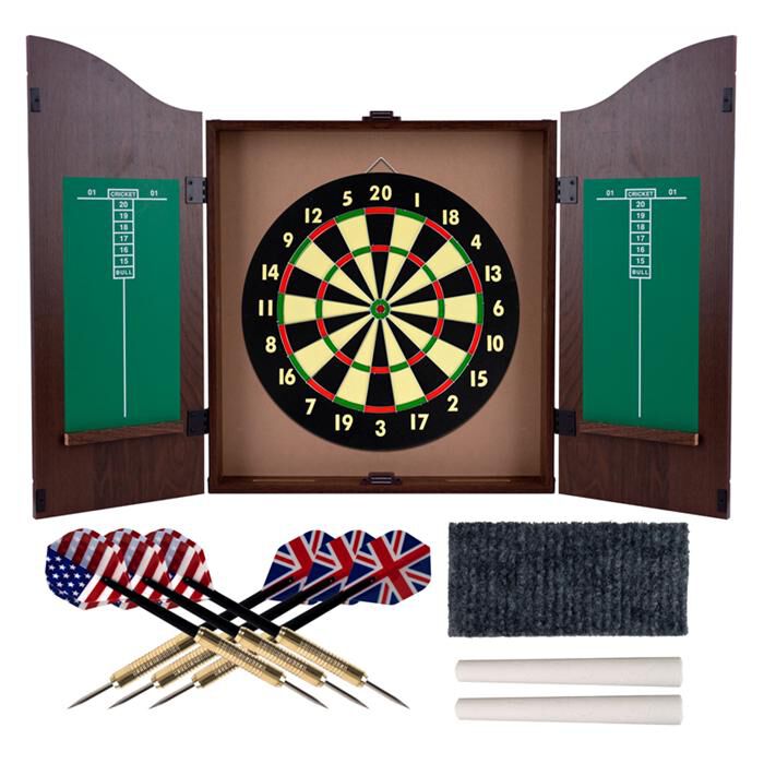 Dart board outlet in a cabinet