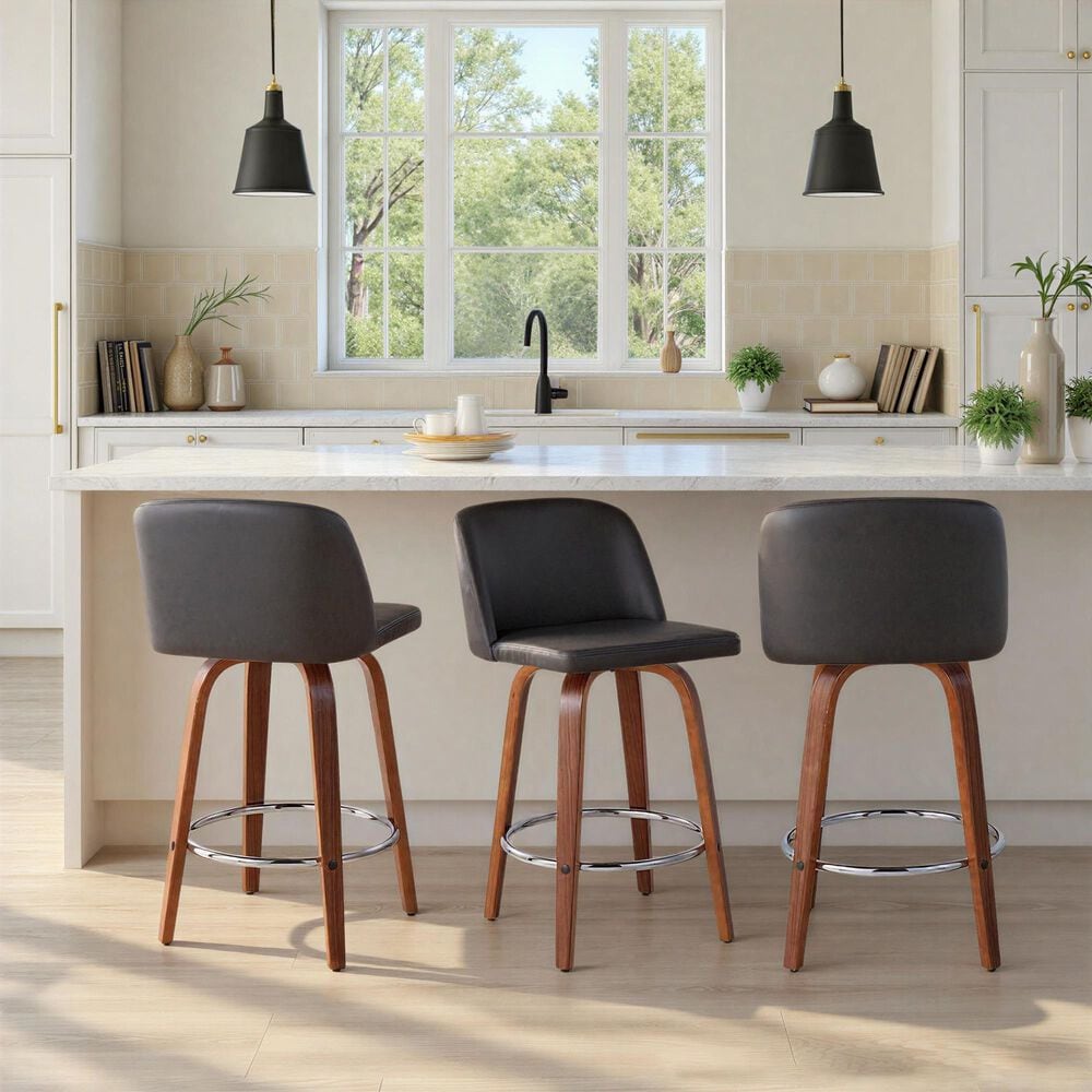 LumiSource Toriano Swivel Counter Stool with Grey Faux Leather Upholstery in Walnut and Chrome (Set of 2), , large