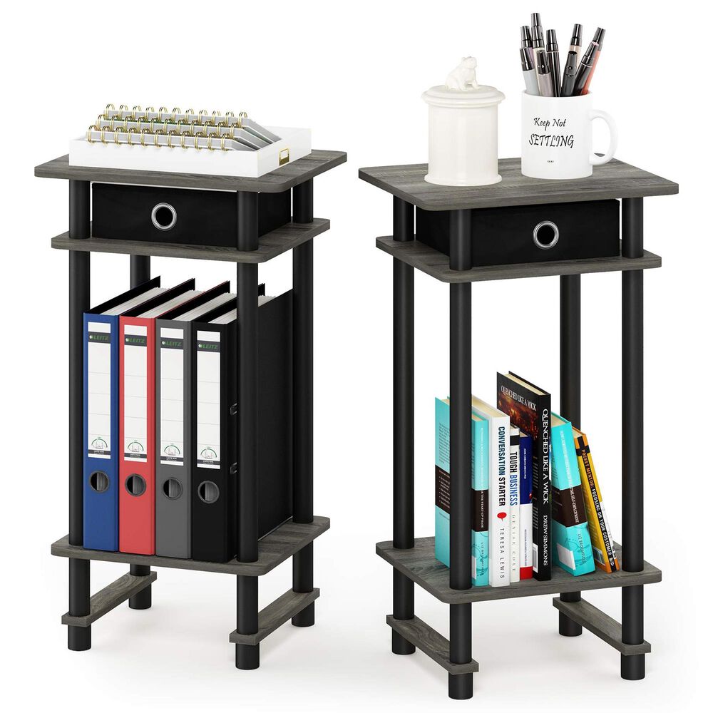HOMLUX Tall End Table with Bin in French Oak Grey and Black (Set of 2), , large