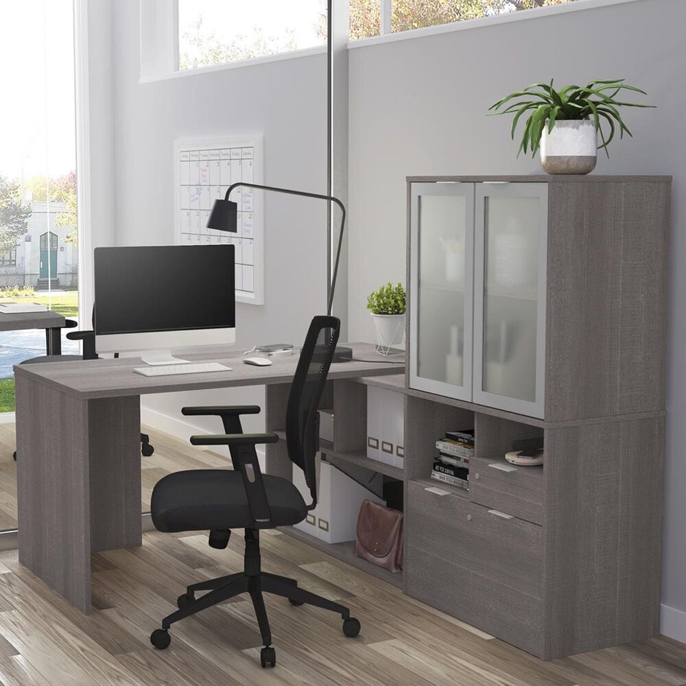 Bestar i3 Plus L-Desk with Door Hutch in Bark Gray, , large