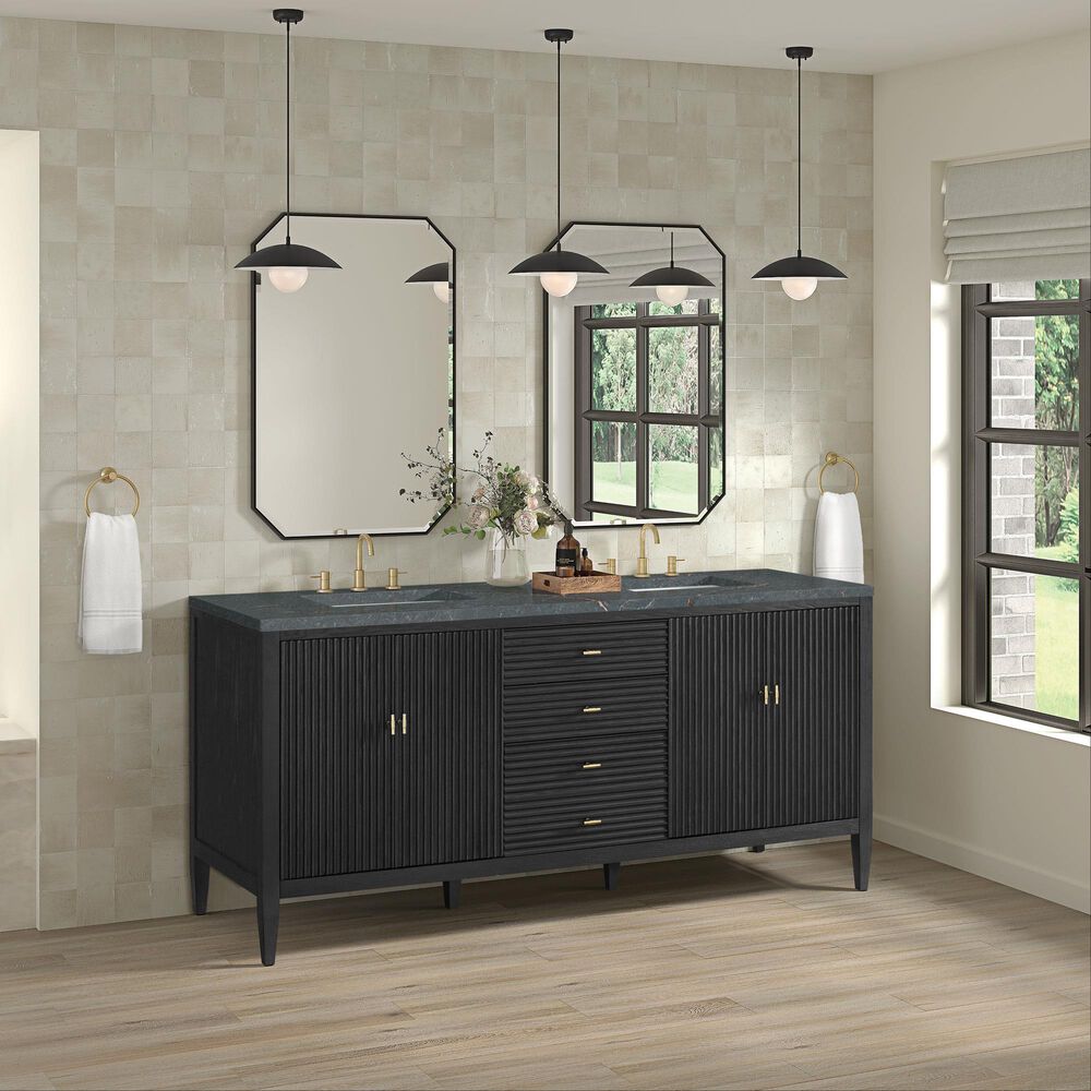 James Martin Vanities Myrrin 72" Double Bathroom Vanity in Carbon Oak with 3 cm Eternal Jasmine Pearl Silestone Top, Rectangular Sinks and FreePower Wireless Charger, , large