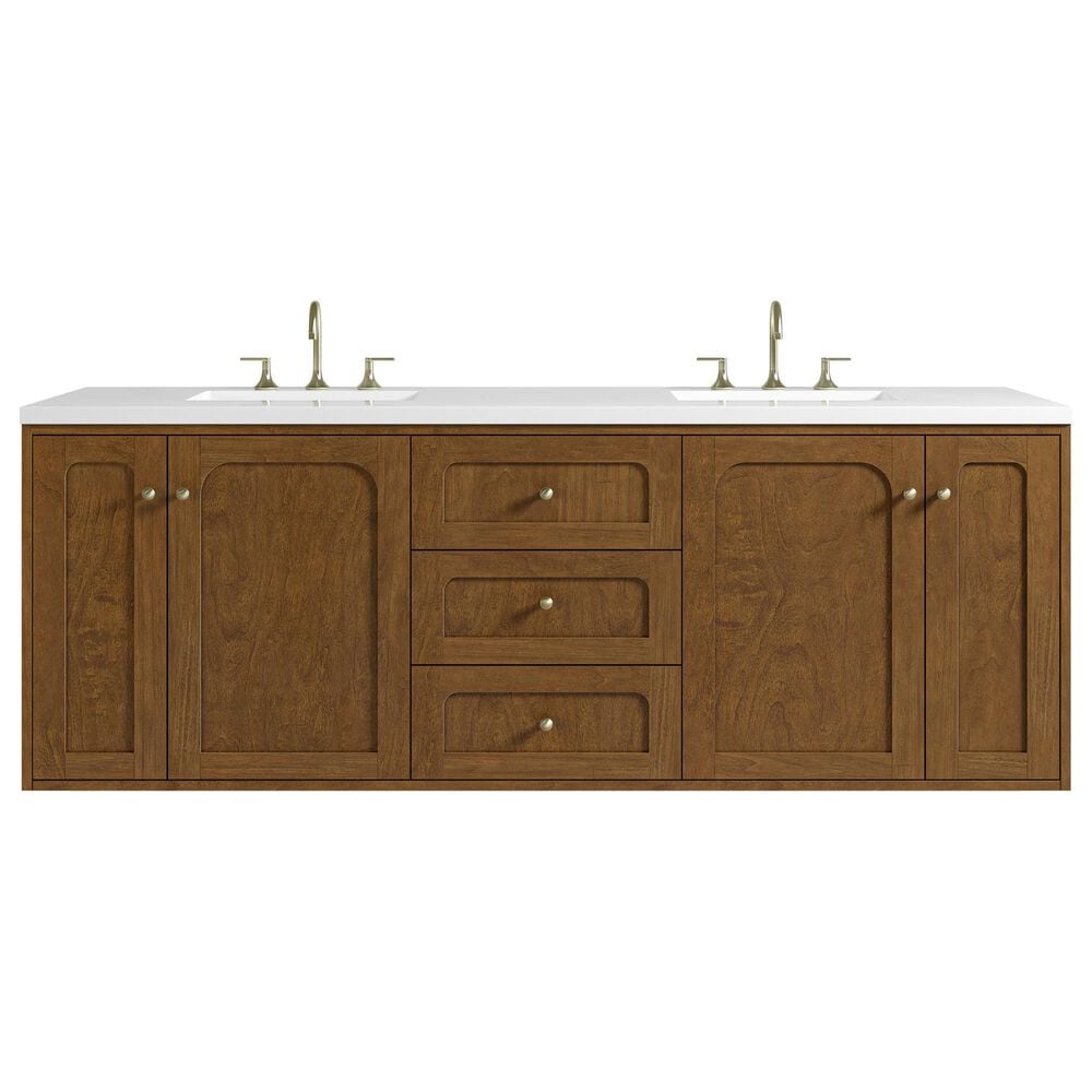 James Martin Laurent 72" Double Bathroom Vanity in Honey Oak with 3 cm White Zeus Silestone Top and Rectangular Sinks, , large