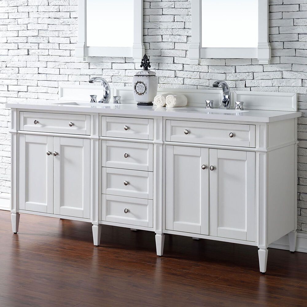 James Martin Vanities Brittany 72&quot; Double Bathroom Vanity in Bright White with 3 cm White Zeus Quartz Top and Rectangular Sinks, , large