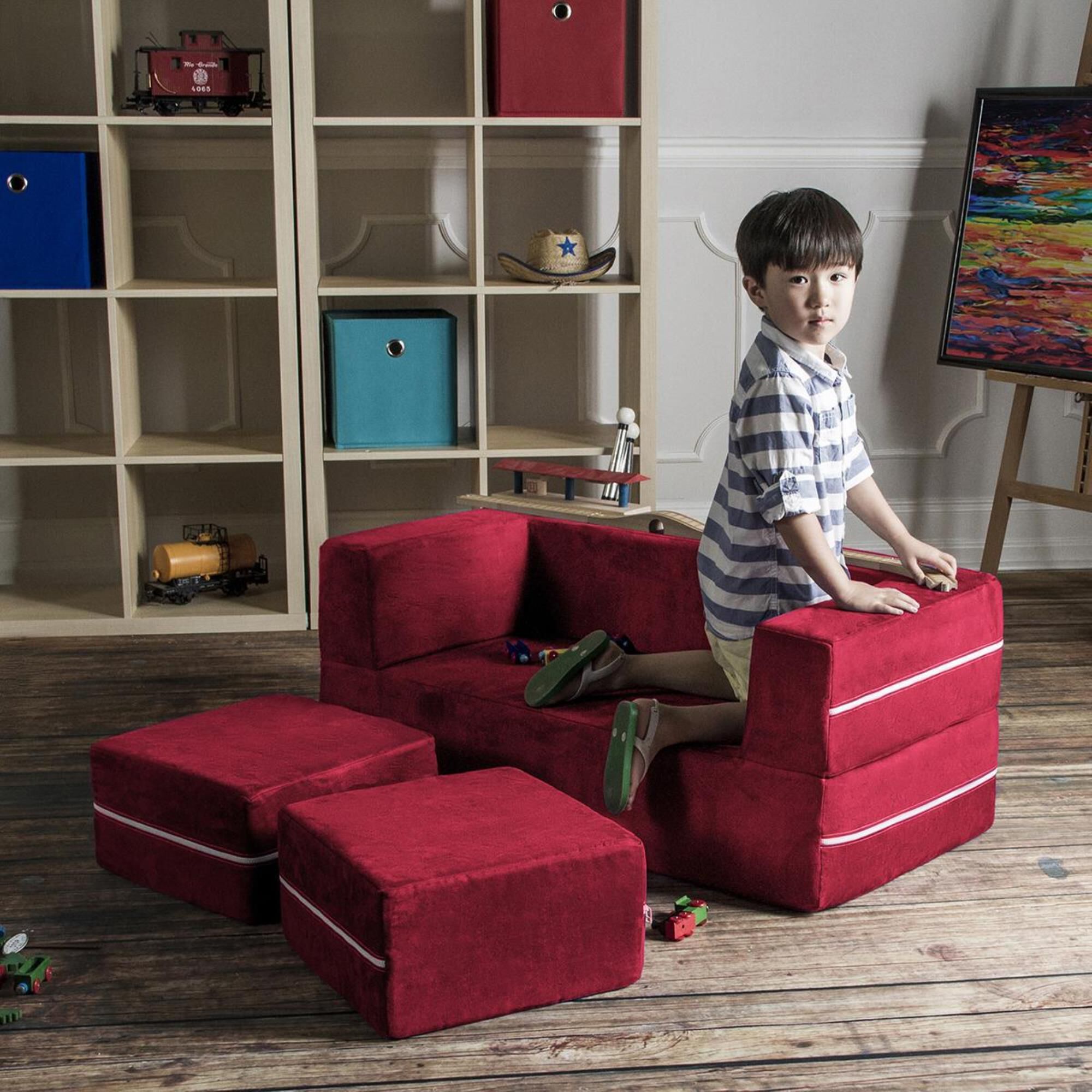 Jaxx Zipline Modular Kids Loveseat & Ottomans in Cherry