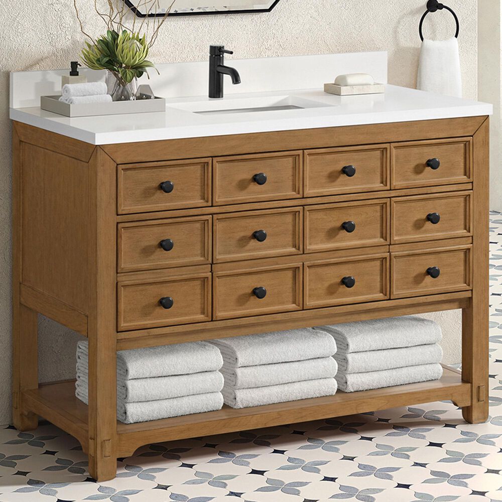 James Martin Vanities Malibu 48&quot; Single Bathroom Vanity in Amber Birch with Single Hole 3 cm White Zeus Quartz Top and Rectangular Sink, , large