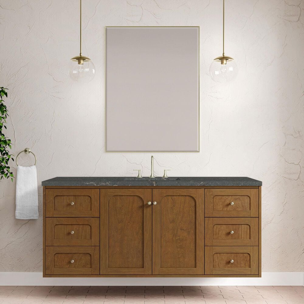 James Martin Laurent 60" Single Bathroom Vanity in Honey Oak with 3 cm Parisien Bleu Silestone Top and Rectangular Sink, , large
