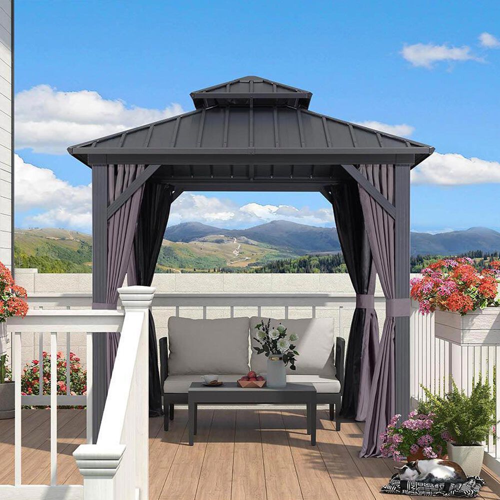 HOMLUX 8' x 8' Outdoor Hardtop Gazebo with Galvanised Steel Roof, Netting, and Curtains in Grey, , large