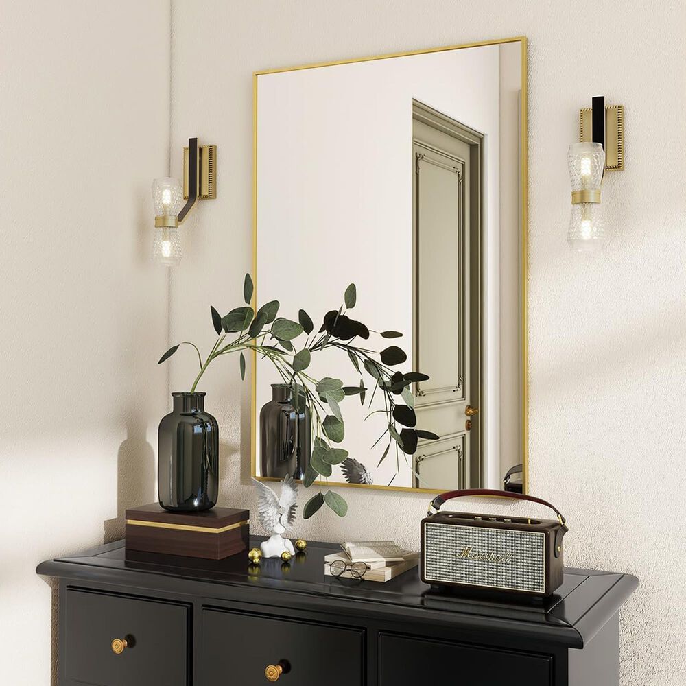 HOMLUX 26" x 38" Wall Mount Rectangular Decorative Mirror in Gold, , large