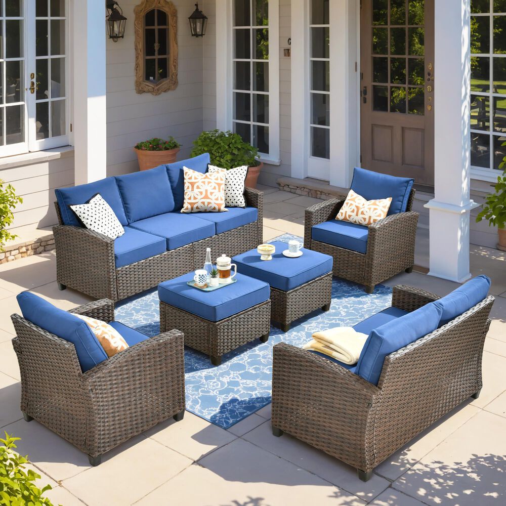 HOMLUX 6-Piece Patio Conversation Set with Loveseat and Light Brown Wicker in Navy Blue, , large