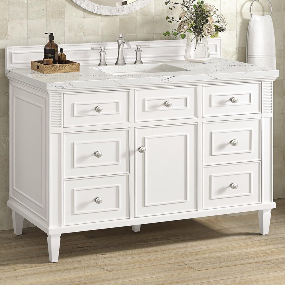 James Martin Vanities Lorelai 48&quot; Single Vanity in Bright White with 3 cm Ethereal Noctis Quartz Top, , large