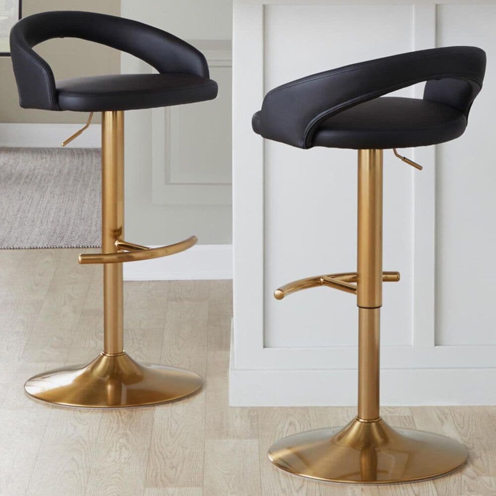 LumiSource Grotto Adjustable Bar Stool with Black Faux Leather Upholstery in Gold (Set of 2), , large