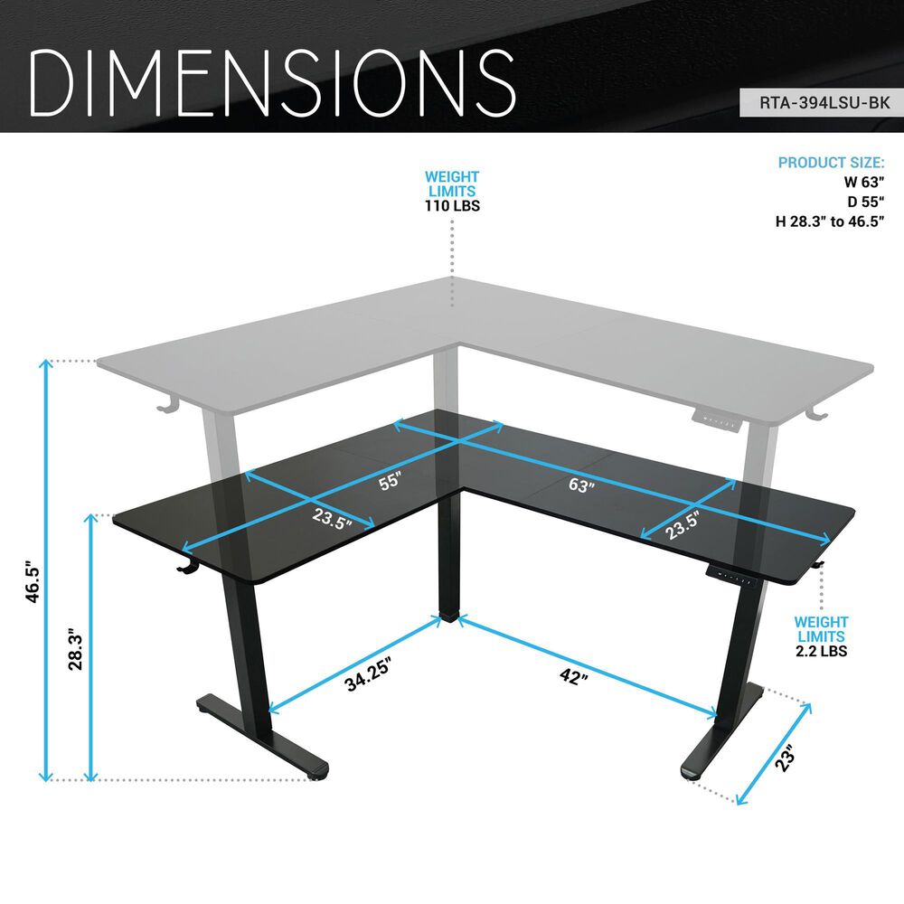 Rta Products Llc Polaris L-Shaped Electric Standing Desk with Spacious Desktop in Black, , large