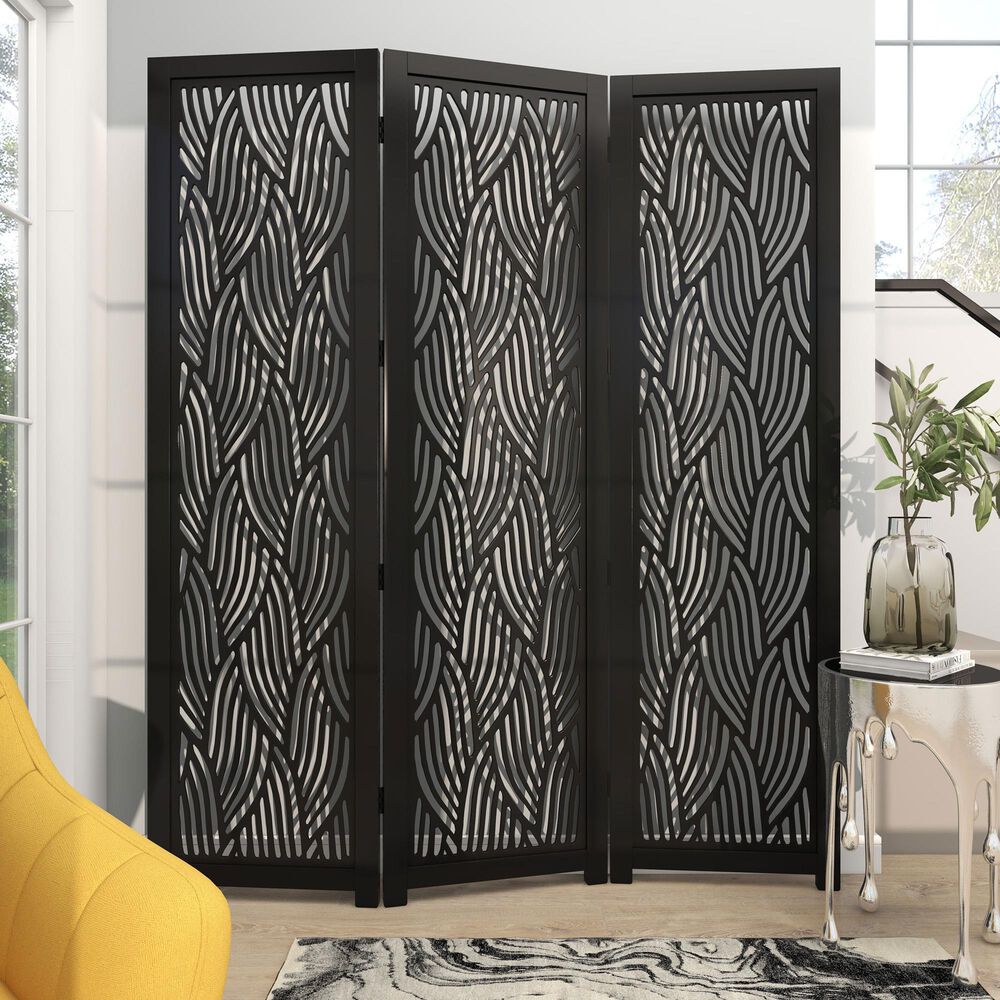 Maple and Jade 3-Panel Abstract Wavy Cutout Partition Room Divider Screen in Matte Black, , large