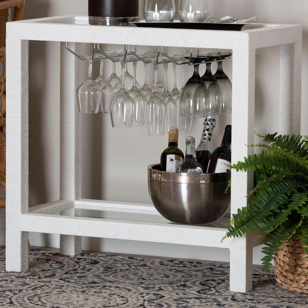 Baxton Studio Oaklynn Two-Tier Bar Table with Glass Shelves and Stemware Rack in White, , large