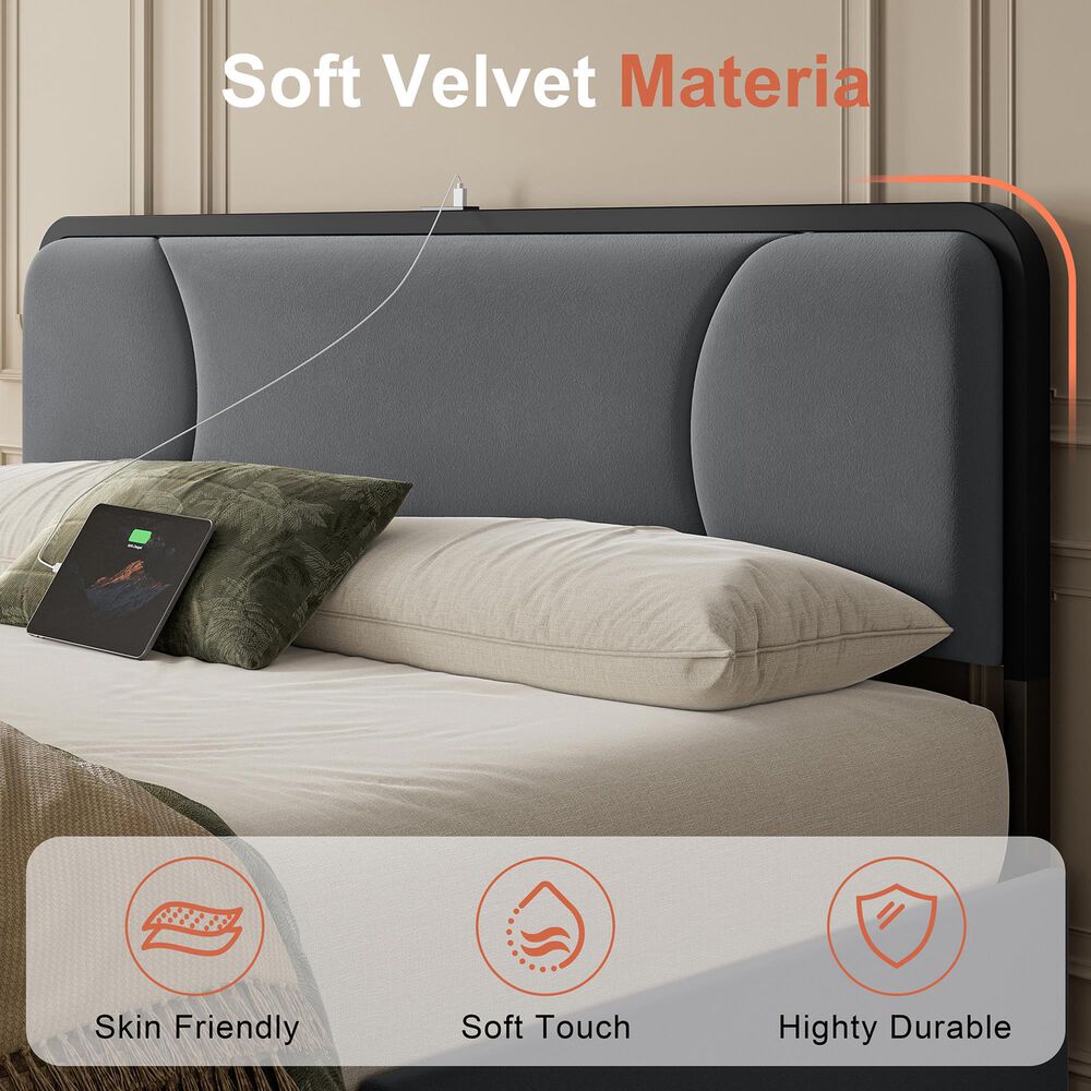 HOMLUX King Upholstered Platform Bed Frame in Gray, , large