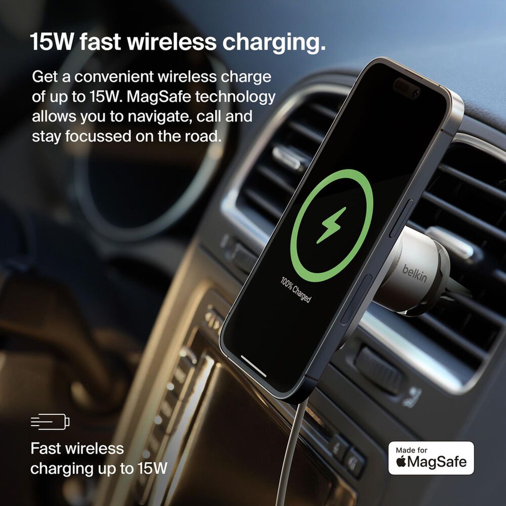 Belkin BoostCharge Pro 15W Magnetic Wireless Car Charger in Grey, , large