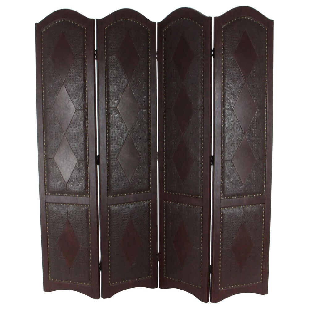 Maple and Jade Traditional Faux Leather Covering Room Divider Screen in Brown, , large