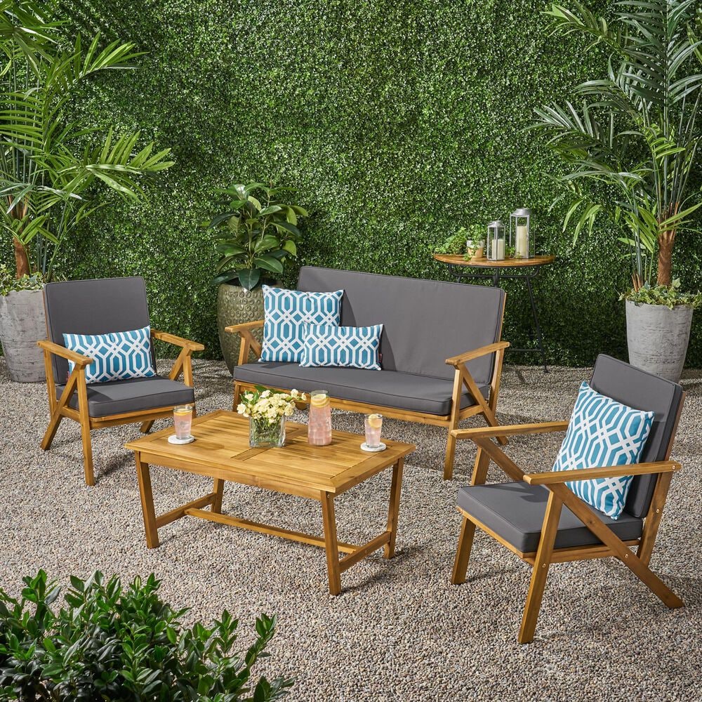 Hearth and Haven Panama 4-Piece Patio Conversation Set with Gray Cushion in Teak, , large