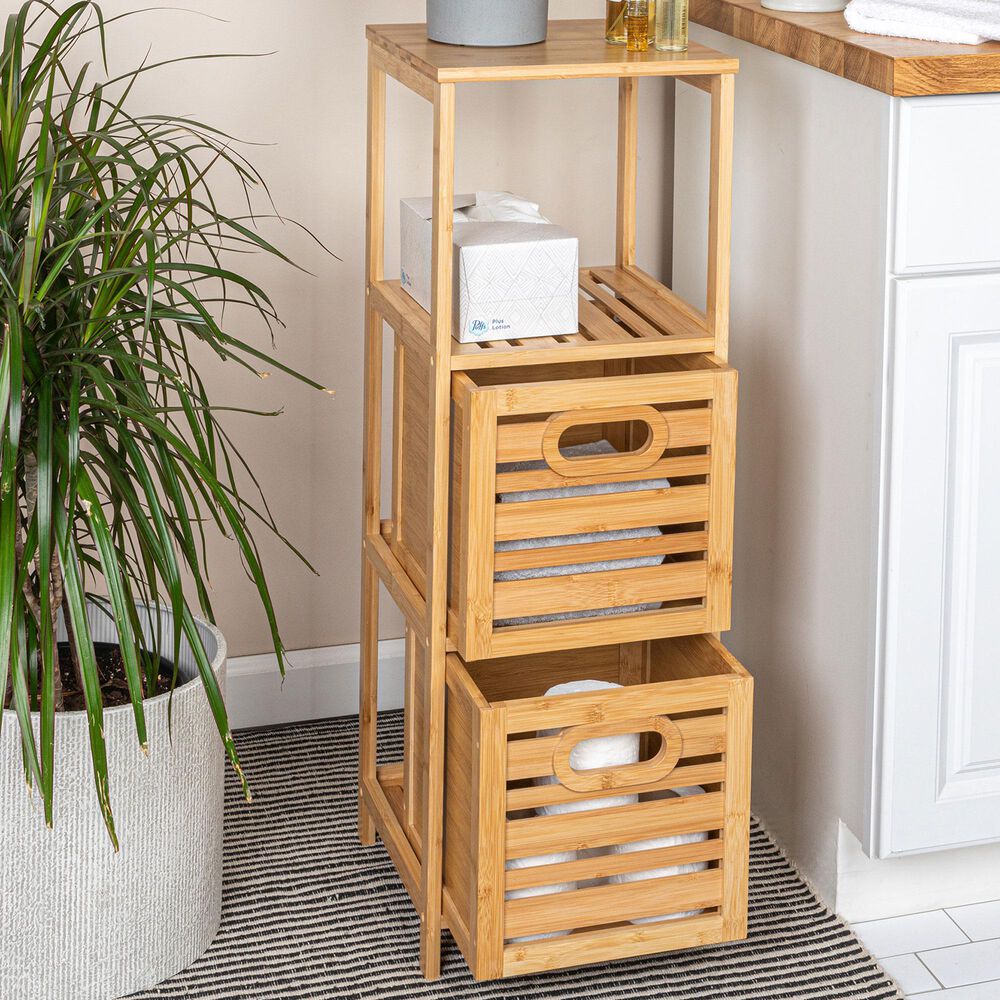 Household Essentials 3-Tier Slatted Shelf with Crates in Natural, , large