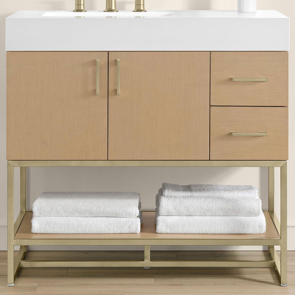 37B Mauri 36" Single Bathroom Vanity with Metal Base in Warm Oak with High-Profile 4" White Composite Stone Top, , large