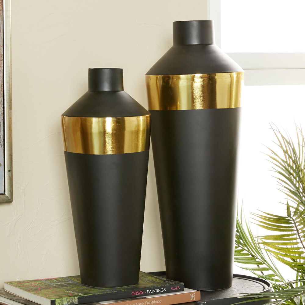 Maple and Jade 2-Piece Iron Decorative Vase Set in Matte Black and Gold, , large