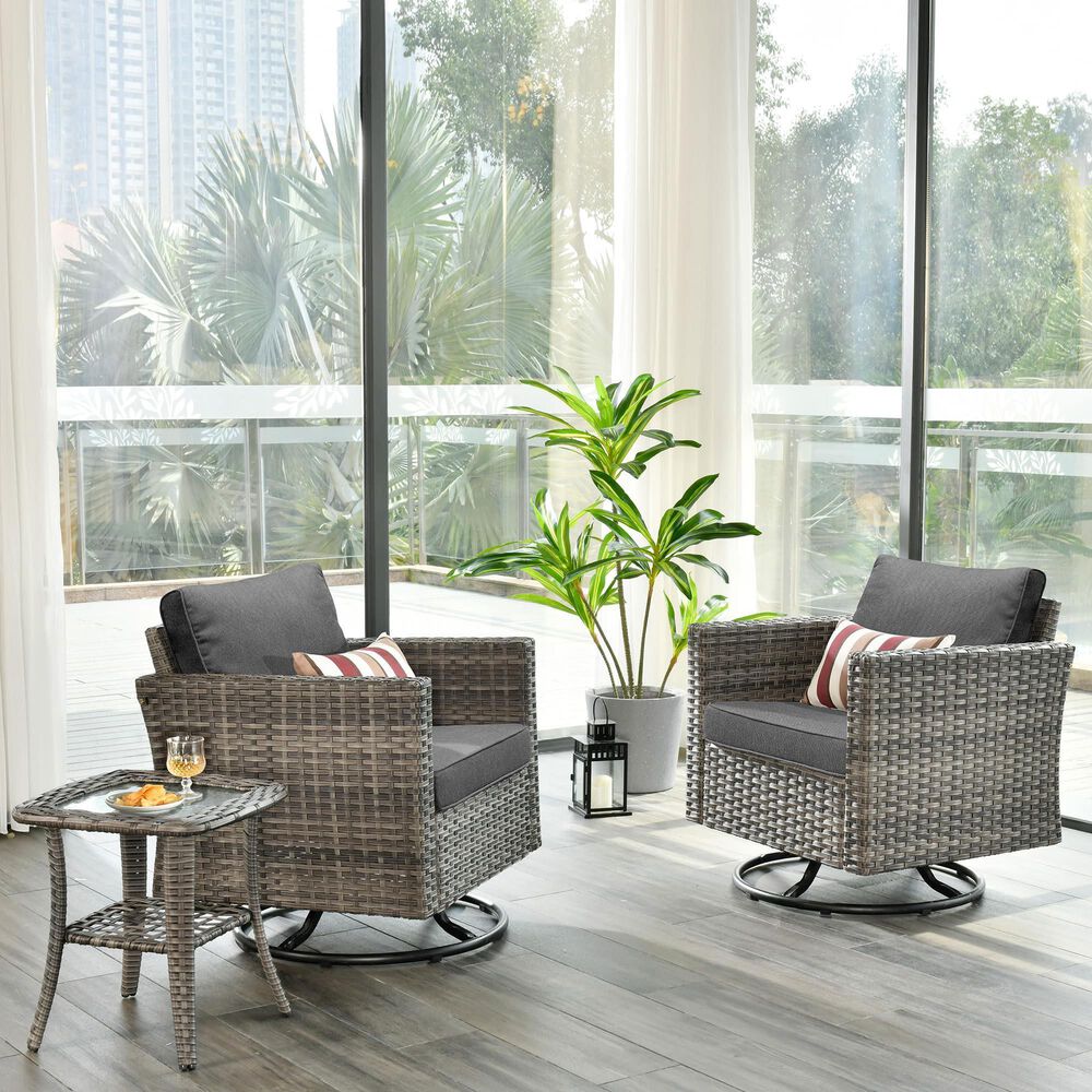 HOMLUX 3-Piece Patio Conversation Set with Square-Arm Swivel Rocking Chairs in Black, , large