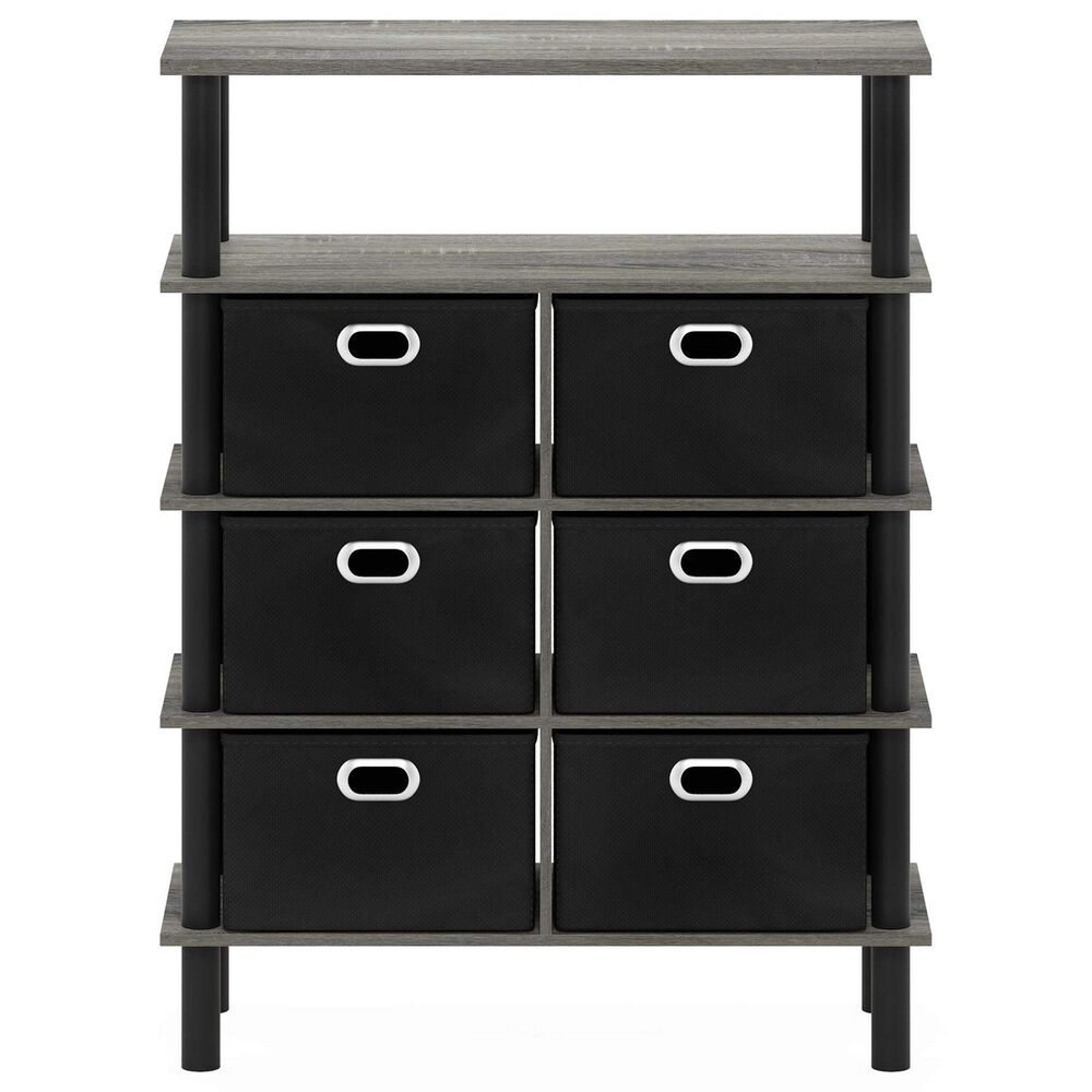 HOMLUX 5-Tier Modern Storage Bookshelf with 6 Storage Bins in French Oak Grey and Black, , large