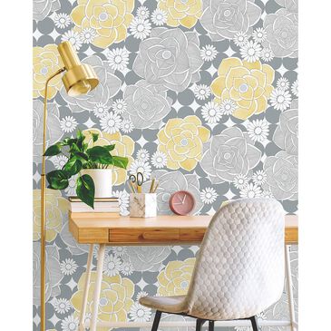 NextWall Retro Floral 216" x 20.5" Peel and Stick Wallpaper in Yellow and Grey, , large