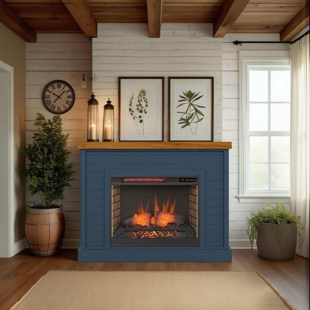 Legends Home Washington Fireplace Mantel with Fireplace Insert in Blue Denim and Whiskey, , large