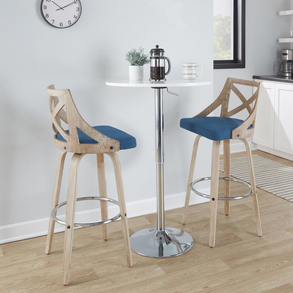 LumiSource Charlotte Swivel Bar Stool with Blue Fabric Upholstery in Whitewashed and Chrome (Set of 2), , large