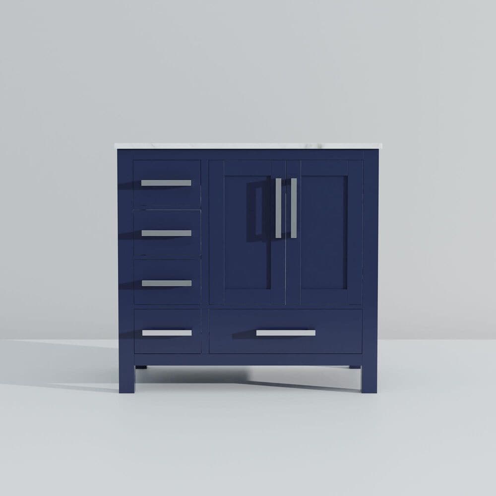 Lexora Home Jacques 36&quot; Right Offset Single Bathroom Vanity in Navy Blue with 2 cm White Carrara Marble Top and Rectangular Sink, , large
