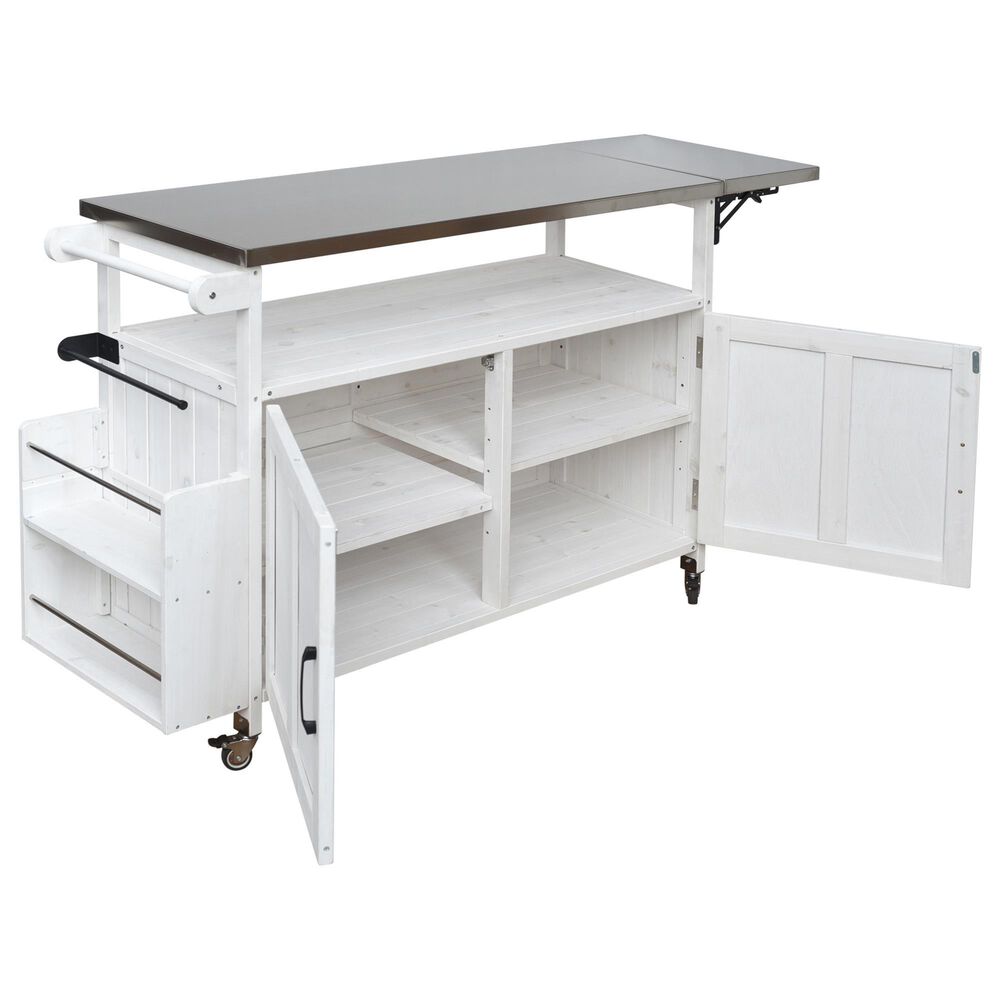 Hearth and Haven Outdoor Kitchen Island Cart with Adjustable Shelves and Stainless Steel Top in White, , large